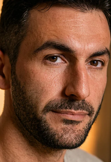 close-up portrait of a handsome Italian man with a short, well-groomed beard, subtle wrinkles around the eyes, visible pores and skin texture, light olive complexion, warm ambient light, natural expression, casual hairstyle, high-resolution DSLR photo, shallow depth of field, soft shadows, realistic skin detail, (PhotorealTouch_v1:0.85)
