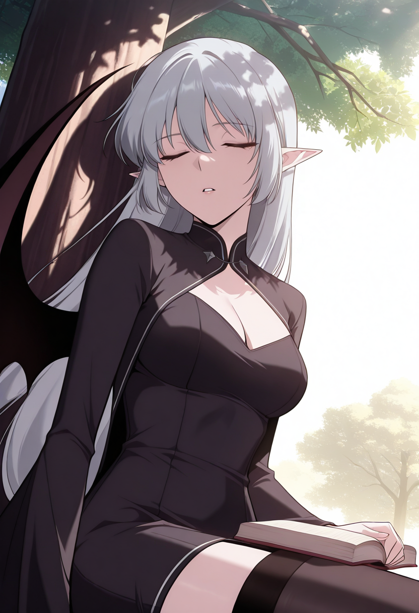 masterpiece,best quality,1girl,red eyes,devil_eyes,long hair,grey hair,hair between eyes,pointy ears,flowing hair,medium breast,cleavage,VampireDZ1,black dress,pencil dress,high collar,collared dress,cut-out dress,open back,white trim,black robe,long sleeves,flowing sleeves,flared cuffs,bat wings,demon wings,red lining,thigh-highs,garter straps,1girl, solo, masterpiece, newest, absurdres, best quality, amazing quality, very aesthetic, ultra-detailed, highly detailed, anime-style, detailed background, vibrant colors, delicate, dreamy, cinematic lighting,volumetric lighting,ray tracing, dramatic shadows,dappled light, clouds, low angle side view, sleeping, parted lips,outdoors, hillside, under tree, sitting, yokozuwari, book, book on lap, tree branch, squirrel on tree branch,
anime screencap,anime coloring,<lora:AliceF7:1>,<lora:anime_screencap-IllustriousV2:0.7>,
