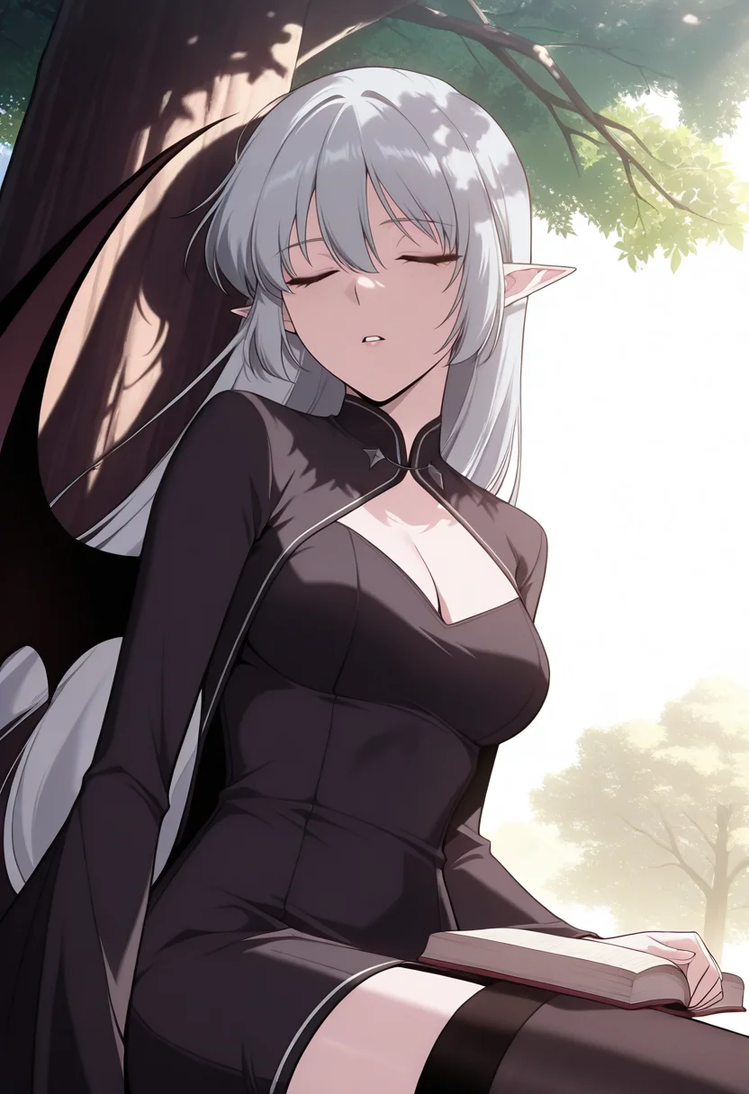 masterpiece,best quality,1girl,red eyes,devil_eyes,long hair,grey hair,hair between eyes,pointy ears,flowing hair,medium breast,cleavage,VampireDZ1,black dress,pencil dress,high collar,collared dress,cut-out dress,open back,white trim,black robe,long sleeves,flowing sleeves,flared cuffs,bat wings,demon wings,red lining,thigh-highs,garter straps,1girl, solo, masterpiece, newest, absurdres, best quality, amazing quality, very aesthetic, ultra-detailed, highly detailed, anime-style, detailed background, vibrant colors, delicate, dreamy, cinematic lighting,volumetric lighting,ray tracing, dramatic shadows,dappled light, clouds, low angle side view, sleeping, parted lips,outdoors, hillside, under tree, sitting, yokozuwari, book, book on lap, tree branch, squirrel on tree branch,
anime screencap,anime coloring,<lora:AliceF7:1>,<lora:anime_screencap-IllustriousV2:0.7>,