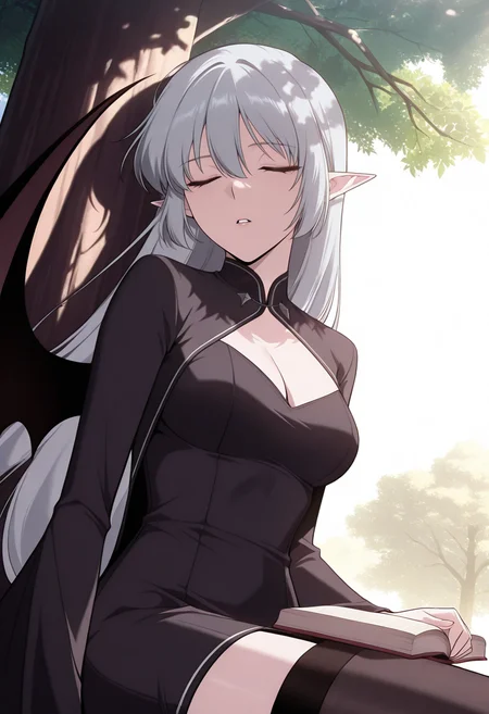 masterpiece,best quality,1girl,red eyes,devil_eyes,long hair,grey hair,hair between eyes,pointy ears,flowing hair,medium breast,cleavage,VampireDZ1,black dress,pencil dress,high collar,collared dress,cut-out dress,open back,white trim,black robe,long sleeves,flowing sleeves,flared cuffs,bat wings,demon wings,red lining,thigh-highs,garter straps,1girl, solo, masterpiece, newest, absurdres, best quality, amazing quality, very aesthetic, ultra-detailed, highly detailed, anime-style, detailed background, vibrant colors, delicate, dreamy, cinematic lighting,volumetric lighting,ray tracing, dramatic shadows,dappled light, clouds, low angle side view, sleeping, parted lips,outdoors, hillside, under tree, sitting, yokozuwari, book, book on lap, tree branch, squirrel on tree branch,
anime screencap,anime coloring,<lora:AliceF7:1>,<lora:anime_screencap-IllustriousV2:0.7>,