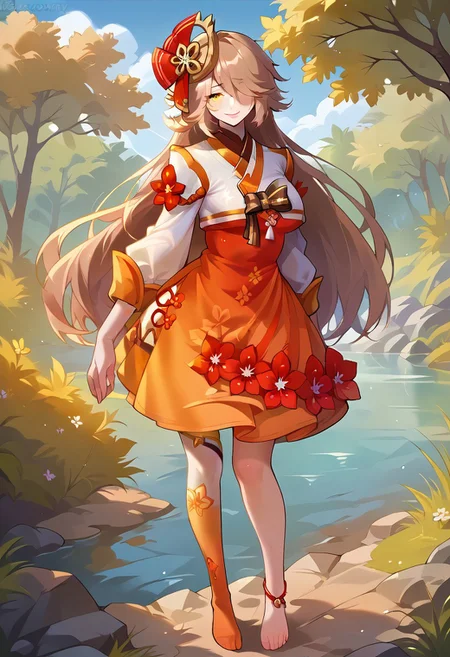 score_9, score_8_up, source_anime,
BREAK,
happy and in love, naughty smile, closed mouth, perfect eyes, perfect face, looking at viewer, Expressiveh, huge tits, sines, yellow eyes, long hair, brown hair, hair between eyes, hair over one eye, hair ornament, jewelry, flower, long sleevess, orange skirt, dress, korean clothes, japanese clothes, single thighhigh, barefoot, anklet, mature female, 1girl, solo, wide hips, blush, text bubble, hearts, steam, heat,
standing, standing straight, one hand on hip,
day, in a fantasy forest near a lake,