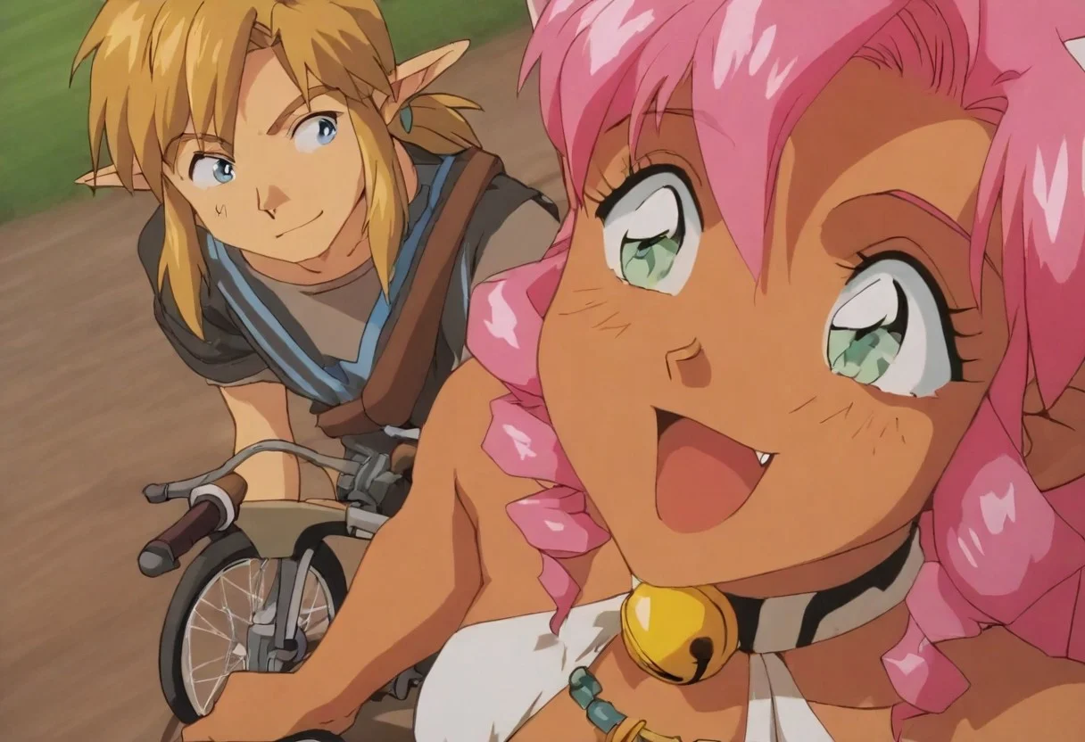 1boy, 2girks, Pink_DragonPink, 1girl, sleeveless dress, white tiger print dress, pelvic curtain, cleavage, cat ears, cat bell necklace, bright pink hair, tanned, white tiger tail, red sash, small breasts, leather shoes, masterpiece, very aesthetic, <lora:pink-illustrious:1>, open mouth smile, single fang showing,
Break
1boy,Anime screencap,link (zelda),blonde hair,blue eyes,pointy ears, low ponytail, sidelocks, blue hyilian tunic, smiling
Break
Outdoor medieval bicycle race, many people watching from the sidelines, race track, pink and link on bicycles, riding side by side, riding fast, pink and link winning the race, breaking the finish line tape on their bicycles, side view, full bodies in view