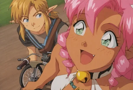 1boy, 2girks, Pink_DragonPink, 1girl, sleeveless dress, white tiger print dress, pelvic curtain, cleavage, cat ears, cat bell necklace, bright pink hair, tanned, white tiger tail, red sash, small breasts, leather shoes, masterpiece, very aesthetic, <lora:pink-illustrious:1>, open mouth smile, single fang showing,
Break
1boy,Anime screencap,link (zelda),blonde hair,blue eyes,pointy ears, low ponytail, sidelocks, blue hyilian tunic, smiling
Break
Outdoor medieval bicycle race, many people watching from the sidelines, race track, pink and link on bicycles, riding side by side, riding fast, pink and link winning the race, breaking the finish line tape on their bicycles, side view, full bodies in view
