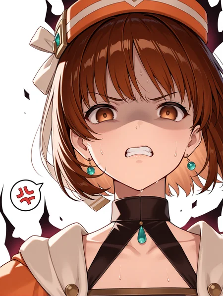 masterpiece,best quality,newest,
1girl,solo,
<lora:Elfir_Traum_ilxl_v1.2:1>,e_hat,elfir_traum,short hair,brown hair,brown eyes,e_clothes,bridal gauntlets,
<lora:Fixhands_anime_bdsqlsz_V1:1>,white_background,simple_background,face_focus,looking_at_viewer,sparkle,portrait,upper_body,angry,disgust,spoken anger vein,clenched_teeth,spasm,disdain,shaded_face,front view,twitching,sweat,sulking,(dark effect:1.2),(black aura:1.2),