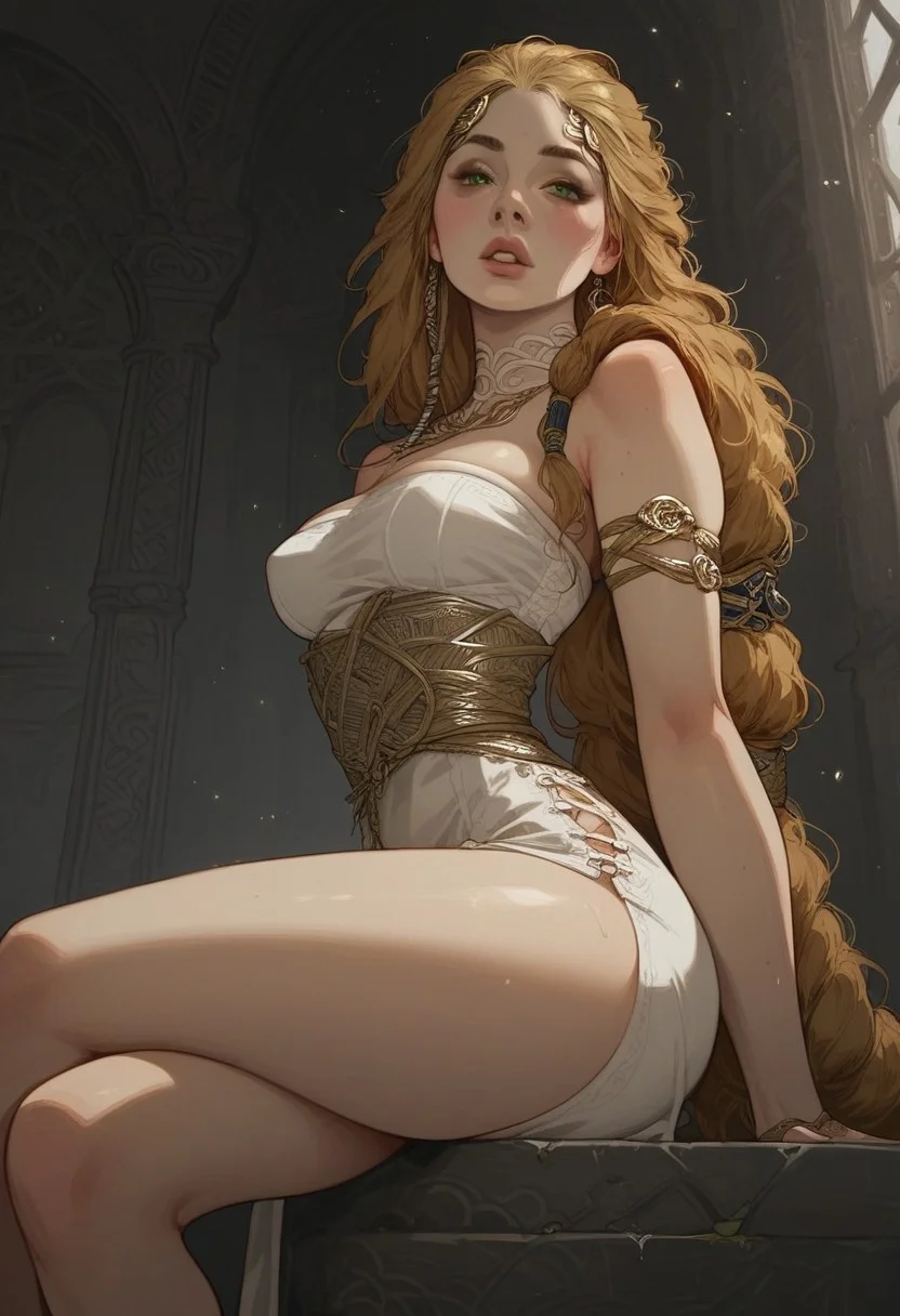 (score_9, score_8_up, score_7_up), 1girl, solo, Fantasy, immature Woman, Sif (God of war), Very Long Hair, Golden blonde Hair, one big Braid, fit body, medium Natural breasts, very soft breasts, Pale skin, round ass, wide hips, round bubble butt, thick thighs, skindentation, big pleading eyes, pursed lips, parted lips, raised eyebrows, high quality, vivid colours, g0thicPXL, lilandavastyle, possmach, inside, sitting, Open eyes, Green eyes, White Dress, Side View, Platform Heels, Angle from below,