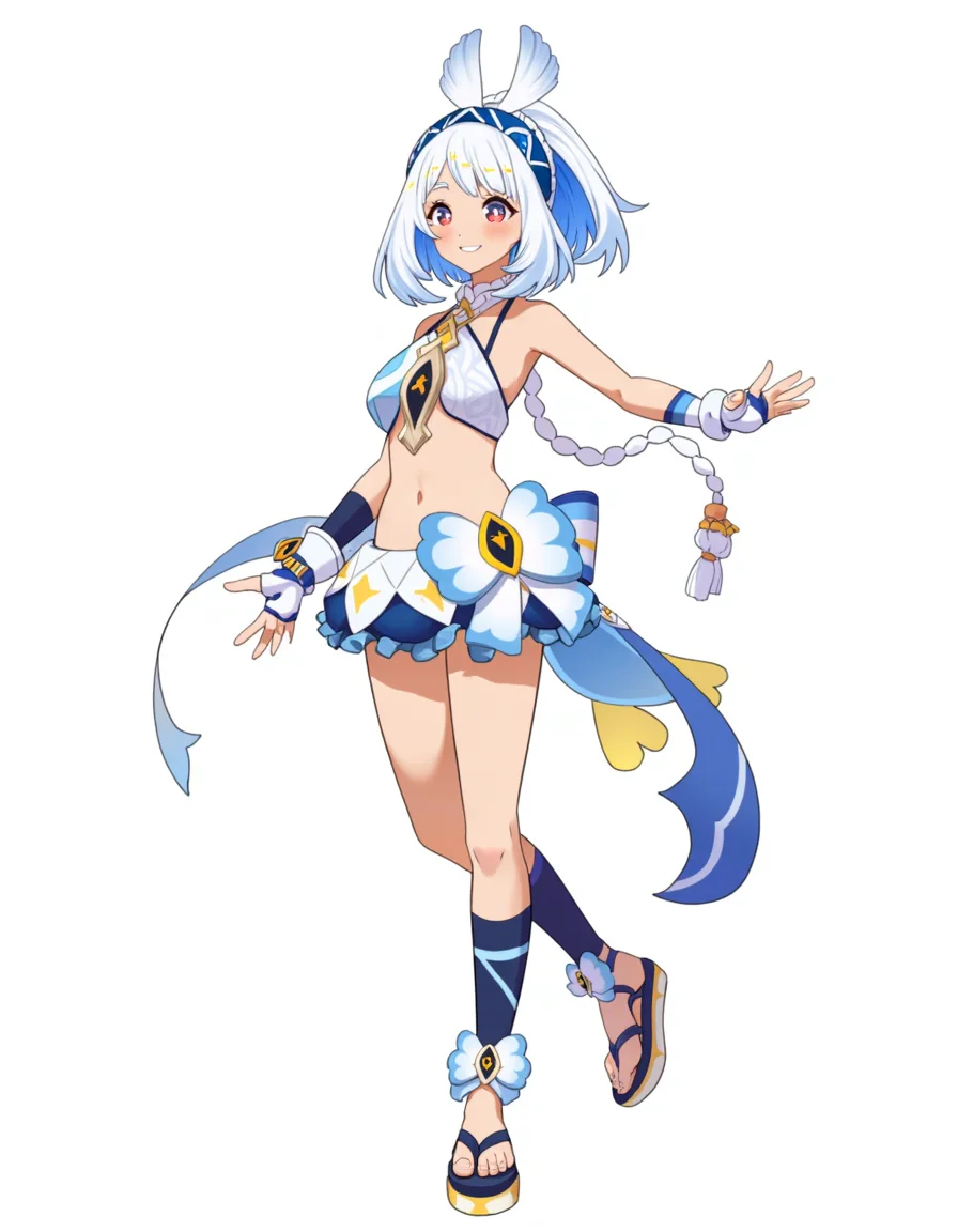 Mualani from Genshin Impact.
The character is a young woman with a slender, athletic build and fair skin.
She has short, white hair styled in a bob with a blue headband adorned with a white, star-like pattern and a large, white bow on top of the headband.
Her outfit is a blue and white bikini top with a blue and white pattern, blue and white mini skirt with a large bow, and blue and white thigh-high socks.
Her feet are bare, and she wears blue and white sandals with white pom-poms on the straps.
Her arms and legs are adorned with blue, yellow, and white arm and leg warmers, and she wears blue and white fingerless gloves.
Her accessories include white, beaded bracelets, anklets.
The background is plain white.
The image has a vibrant, colorful, and whimsical aesthetic typical of modern digital art styles used in anime and manga.
<lora:mualani_genshin_impact_flux_v1:1>
