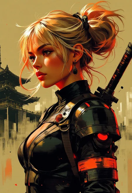 in the style of ck-mgs, nistyle, Special Ink-drawing mode, intricate linework with expressive contrasts, Mh1$AgThS2, Inkplash art on rice paper, sepia, henna , Silhouette Art, magnificent, inksplash closeup portrait of asian female cyberpunk samurai, flowing blonde hair with red highlights, reflective black and neon red armor, a katana strapped to her back, abstract background suggesting eastern temple