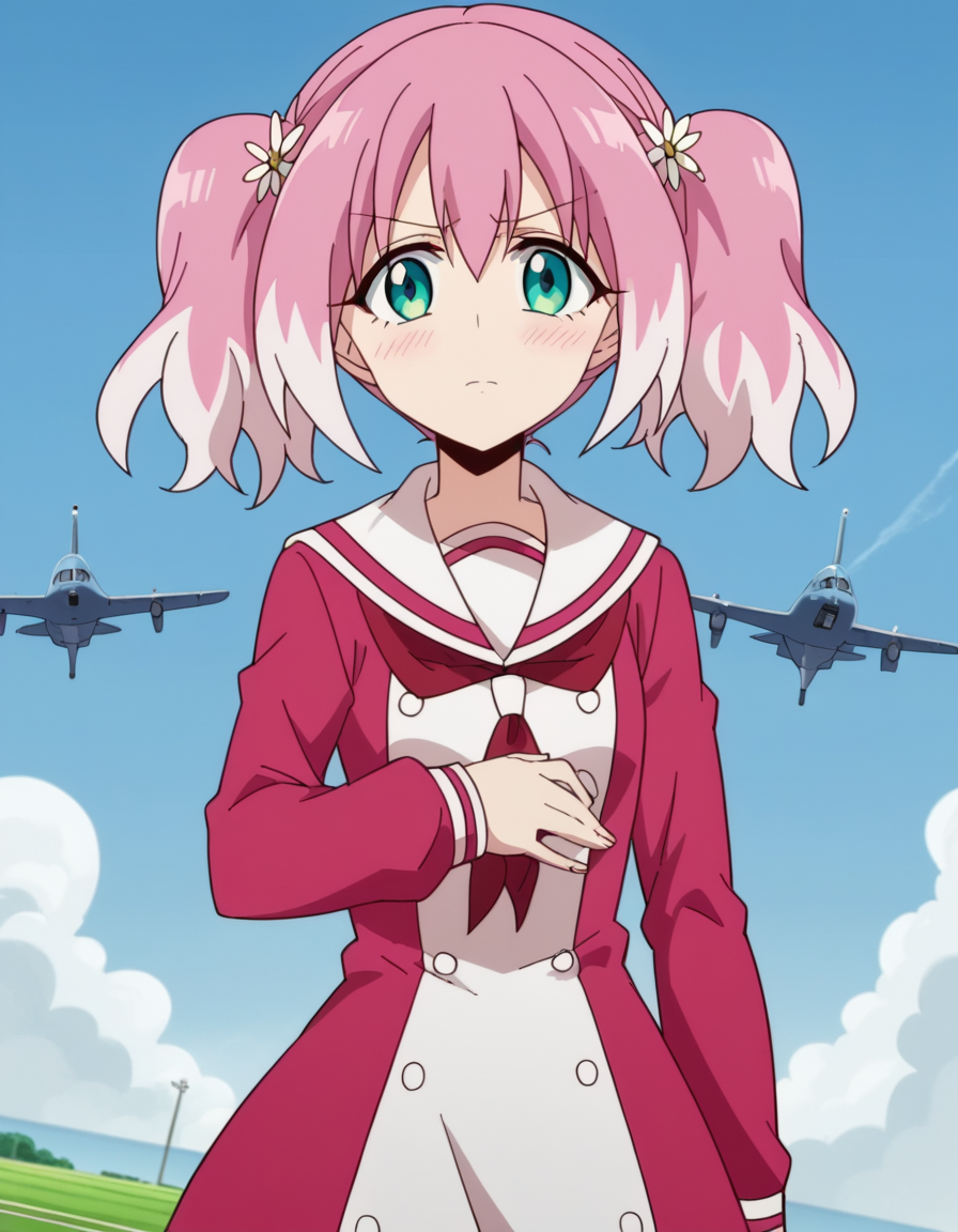 score_9, score_8_up, score_7_up, source_anime, <lora:nana-hiiragi-s1-ponyxl-lora-nochekaiser:1>, nana hiiragi, aqua eyes, twintails, pink hair, flower, white hair, multicolored hair, hair flower, two-tone hair, anime screencap, dress, school uniform, sailor dress, red neckerchief, white sailor collar,, airfield, planes, runway, open space, aviation, , hand on stomach, blush,, looking at viewer, solo,, dutch angle, cowboy shot