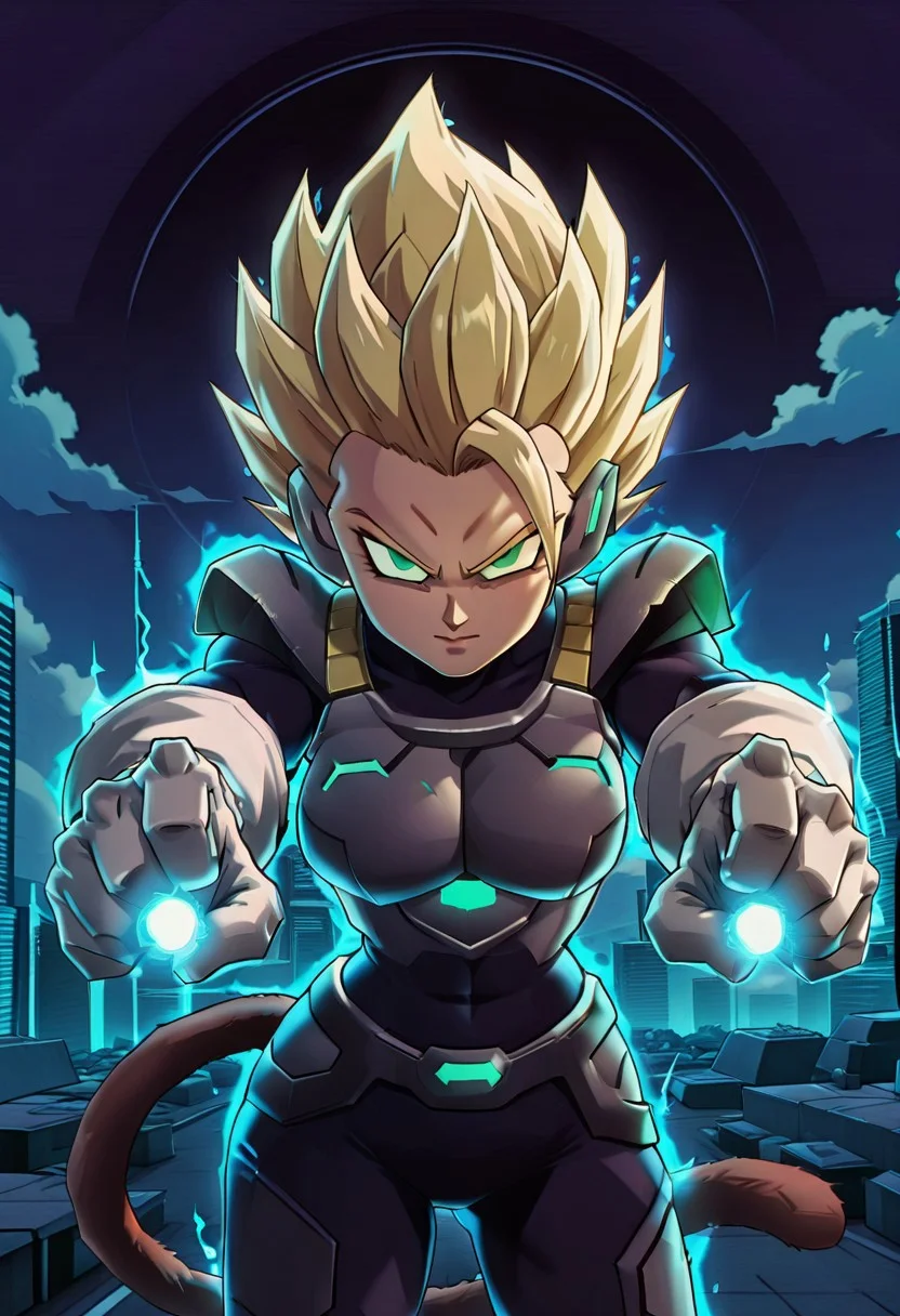 masterpiece, best quality,
(zzCodeV, 1girl, big breasts, wide hips, bodysuit, neon trim, armor, black bodysuit, dynamic pose:1),
night, stars, cyberpunk, city, looking at viewer, leaning forward, incoming attack, fist,
dbzhyp3AAG, solo, blonde hair, gloves, closed mouth, green eyes, standing, tail, outdoors, sky, day, cloud, white gloves, armor, bodysuit, spiked hair, aura, super saiyan, monkey tail, saiyan armor,
charging energy, energy ball, black hole, electricity,