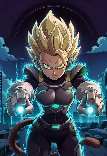 masterpiece, best quality,  
 (zzCodeV, 1girl, big breasts, wide hips, bodysuit, neon trim, armor, black bodysuit, dynamic pose:1), 
night, stars, cyberpunk, city,  looking at viewer, leaning forward, incoming attack, fist,  
dbzhyp3AAG, solo, blonde hair, gloves, closed mouth, green eyes, standing, tail, outdoors, sky, day, cloud, white gloves, armor, bodysuit, spiked hair, aura, super saiyan, monkey tail, saiyan armor, 
charging energy, energy ball, black hole, electricity,