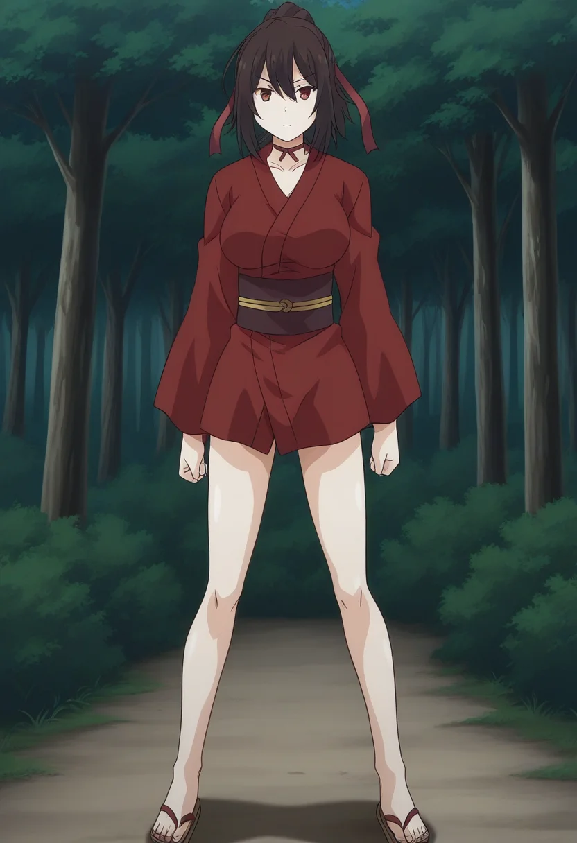 1girl, solo, kunobotananm, brown hair, hair ribbon, ponytail, red eyes, choker, short kimono, obi, large breasts, sandals, outdoors, forest, standing, full body, serious