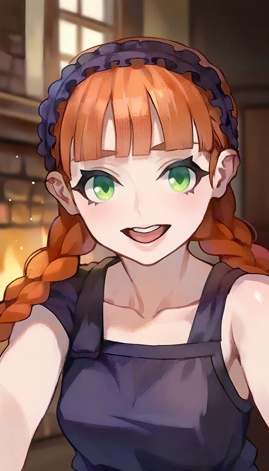 masterpiece,best quality,amazing quality,
<lora:yunifiiNAI:1>,yunifi,
1girl,solo,
orange hair,bangs,twin braids,
green eyes,
purple hairband,purple slip dress,
looking at viewer,open smile,
portrait,
indoors,wooden,fireplace,window,
blurry background,depth of field,soft lighting,light particles,