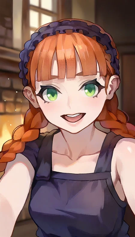 masterpiece,best quality,amazing quality,
<lora:yunifiiNAI:1>,yunifi,
1girl,solo,
orange hair,bangs,twin braids,
green eyes,
purple hairband,purple slip dress,
looking at viewer,open smile,
portrait,
indoors,wooden,fireplace,window,
blurry background,depth of field,soft lighting,light particles,