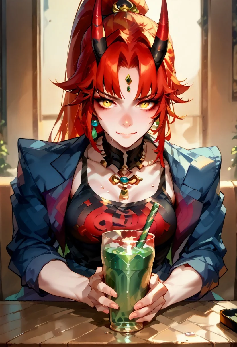 score_9, score_8_up, score_7_up, score_6_up, score_5_up, red hair, streaked hair, golden eyes, long hair ponytail, necklace, breasts, looking at viewer, ponytail, large breasts, oni, demon queen, demon lord, black demon tail, happy, friendly, very muscular, short hairs, bodybuilder, red and black horns, spiky horns, negative_hand, blue jacket, short pants, necklace, tank top, sandals, (drinking green soda using a straw at restaurant), (put a glass in her hand), (symmetrical composition:1.3), (drink non elegantly, bad posture),(sitting by the window), (hold the glass vertically:1.3), (drink with a straw), (blush cheeks:0.8), (shallow DoF:1.35), (front of face), feet on table, feet, soles, large feet, sweaty soles, sweat, sandals on table