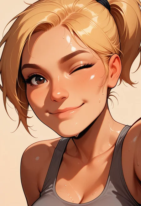 HDR, 8K, high contrast, masterpiece, best quality, amazing quality, very aesthetic, retro artstyle, realistic, promotional art, newest, (artist:incase:0.1), (artist:tsuaii:0.1), (flat colors:0.1), (face close up:2), beige background,
1girl, blonde, ponytail, gym, looking at viewer, smiling, cute, winking, (close up, breasts close up, breasts in the spotlight, breasts in focus,) huge boobs, grey sports top, sweaty, selfie,
