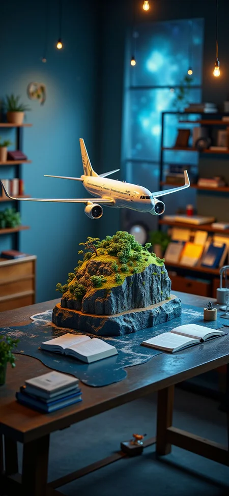 (indoor,very wide isometric view,tilt-shift lens:1.6), (A miniature diorama of:2.5) of (stasis _chamber:1.5), gradation,  gradation,(galaxy,milky way:1.3),  boeing 737 at (floating island,levitating  island:1.5) on (table:2) at (study:2.5)  <lora:Diorama_Flux:1>