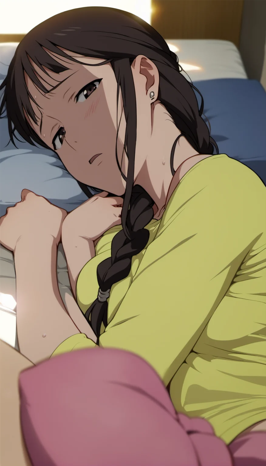 score_9,score_8_up,score_7_up,
<lora:MisatoSegawa:0.9>,
misato segawa,
1girl, solo, black hair, bangs, braid, brown eyes, half-closed eyes, looking at viewer, tired look, parted lips, faint blush, close-up, earrings, yellow t-shirt, long sleeves, sweat, upper body, lying, on side,
blurry background,bloom,lens flare,vignetting,indoors,