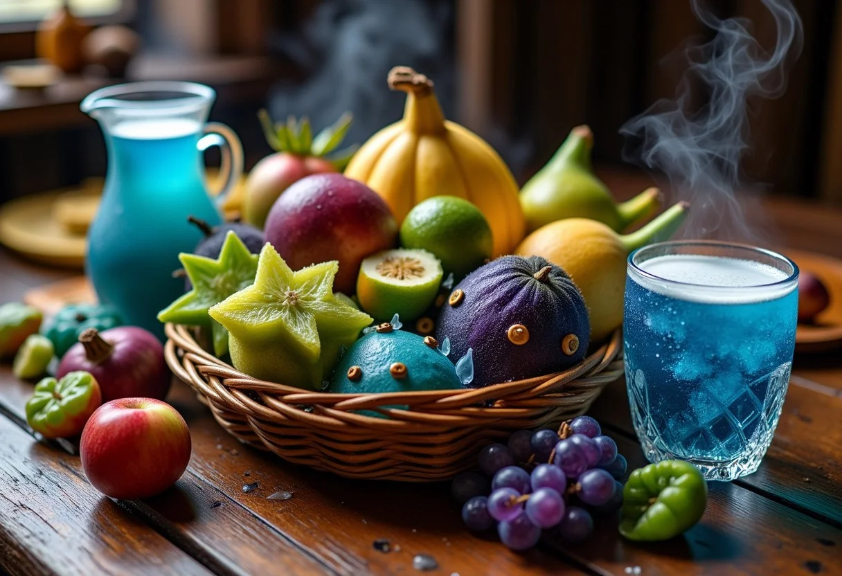 Create a detailed UHD image featuring a rustic wooden table inside a cozy cabin. on the table is a basket overflowing with exotic alien fruits from another planet. The fruits should have unique and vibrant colors, unusual shapes, and intriguing textures, showcasing their otherworldly origins. Include fruits that combine a smooth, banana-like shape with a juicy, tomato-like texture, glowing translucent grapes in shades of blue and green, an icy cantaloupe with minty green flesh, star-shaped limes with a shiny green exterior, a deep violet pod with creamy purple pulp, and metallic apples with an iridescent sheen. Next to it is a jug with oddly shaped glasses containing a blue, sparkling drink. Foam and wispy smoke rise from the glasses. The setting should evoke a warm, inviting atmosphere with the contrast between the earthy wooden table and the vivid, fantastical fruits. cinematic
Midjourney_Whisper