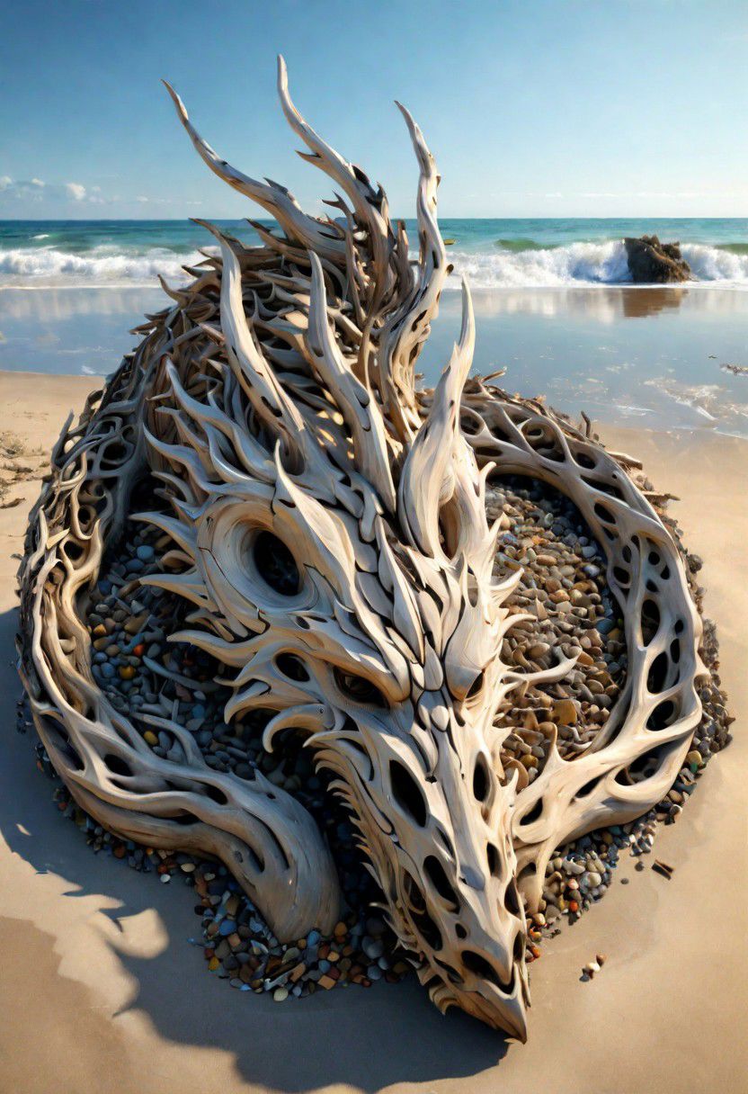 (drift wood washes up on the shore, all the tiny parts of drift wood form together to create a perfect  shape of a large dragon lying on the shore), abstract, 3d render, strong, insanely intricate details, (masterpiece), breathtaking natures art work
