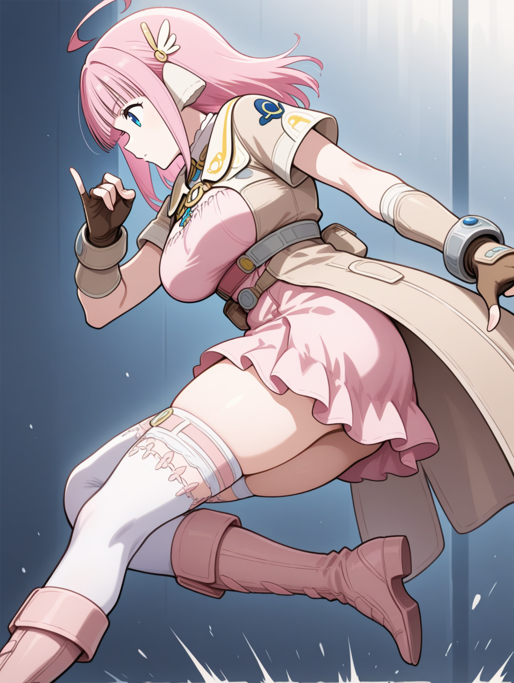 perfect quality,best quality,absolutely eye-catching,ambient occlusion,raytracing BREAK
1girl,<lora:miki IL v1.1_1:0.9>,miki,pink hair,medium hair,blunt bangs,blue eyes,hair ornament,brown coat,short sleeves,pink dress,short dress,bracers,fingerless gloves,brown gloves,white thighhighs,boots,, from side,profile,leaning_back,hand_gesture,curvy,high_kick,
