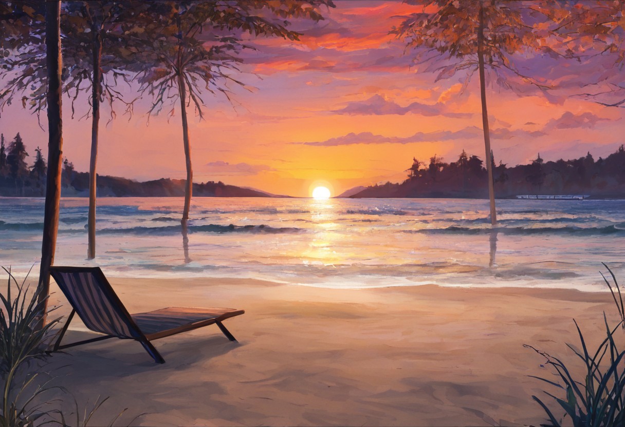 "beautiful evening beach scene on the southern coast of Russia in the style of 'Everlasting Summer', stunning red sunset, vivid red and orange hues in the sky, soft warm light reflecting off the gentle waves, a few lush green birch trees to the side, golden sandy shore, scattered seashells glistening in the fading light, calming and serene atmosphere, soft breeze rustling through the leaves, distant seagulls flying over the horizon, small bonfire with warm glow illuminating the sand, cozy beach chairs and a surfboard leaning against a birch tree, a couple of lanterns casting soft shadows, gentle lapping of waves on the shore, romantic and inviting ambiance, highly detailed, vibrant colors, ultra-high-definition, cinematic composition, digital painting, visual novel style, inspired by 'Everlasting Summer'"