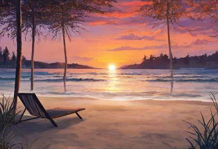 "beautiful evening beach scene on the southern coast of Russia in the style of 'Everlasting Summer', stunning red sunset, vivid red and orange hues in the sky, soft warm light reflecting off the gentle waves, a few lush green birch trees to the side, golden sandy shore, scattered seashells glistening in the fading light, calming and serene atmosphere, soft breeze rustling through the leaves, distant seagulls flying over the horizon, small bonfire with warm glow illuminating the sand, cozy beach chairs and a surfboard leaning against a birch tree, a couple of lanterns casting soft shadows, gentle lapping of waves on the shore, romantic and inviting ambiance, highly detailed, vibrant colors, ultra-high-definition, cinematic composition, digital painting, visual novel style, inspired by 'Everlasting Summer'"