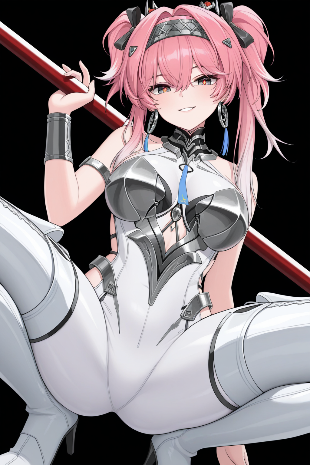 masterpiece, best quality, <lora:Lupa:1>, LupaDS, lupa \(wuthering waves\), 1girl, armlet, armor, black bow, bodysuit, boots, bow, breastplate, breasts, collar, colored tips, earrings, hair between eyes, hair bow, hairband, high heel boots, high heels, holding, holding polearm, holding weapon, jewelry, large breasts, looking at viewer, metal collar, metal hairband, multicolored hair, pink hair, polearm, red pupils, smile, solo, spread legs, squatting, thigh boots, weapon, white bodysuit, white boots, wrist guards, yellow eyes