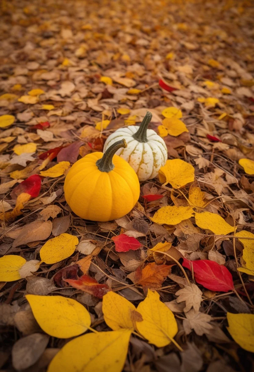 Masterpiece, macro photograph, ((low angle)), close-up gourds, autumn theme, fall scene, Halloween, falling leaves, red leaves, yellow leaves, orange leaves, brown leaves, vibrant colors, bokeh, sharp focus, shallow focus, highly detailed,