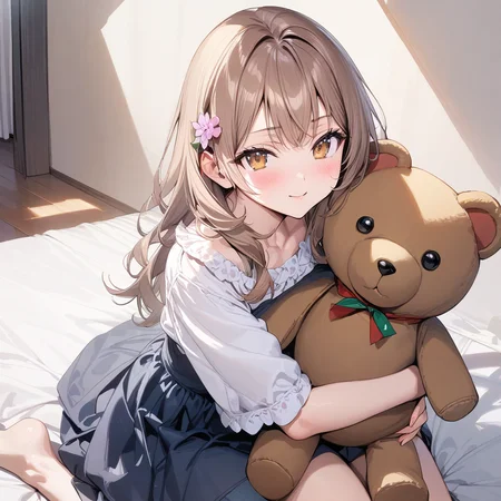 mariya_mikhailovna_kujou, 1girl, teddy bear, stuffed toy, stuffed animal, hugging stuffed toy, brown hair, solo, hair ornament, brown eyes, looking at viewer, bed, long hair, indoors, hair flower, sitting, flower, on bed <lora:XL-Mariya_Mikhailovna_Kujou:1>, (masterpiece),(best quality),(ultra-detailed),(best illustration),(best shadow),(absurdres),(detailed background),(very aesthetic),
