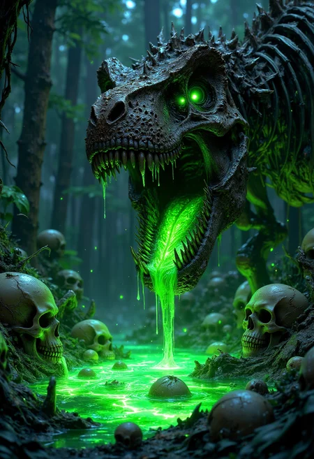 a menacing, skeletal dinosaur with glowing green eyes and a gaping mouth, from which a bright green, luminescent liquid is pouring. The dinosaur is set in a dark, dense forest with tall trees and a misty atmosphere, creating an eerie and ominous mood. The ground is littered with human skulls, also illuminated by the green glow of the liquid, enhancing the sinister theme. The overall color palette is dominated by dark greens and blacks, with the vibrant green liquid providing a stark contrast. The composition is centered on the dinosaur, with the forest and skulls framing the scene, drawing the viewer's attention to the creature's fearsome presence.
<lora:FluxMythP0rtr4itStyle:0.6> <lora:Midjourney_Dreamlike_Fantasy_FLUX_LoRA:0.6> <lora:Elden_Ring_-_Yoshitaka_Amano:0.33>