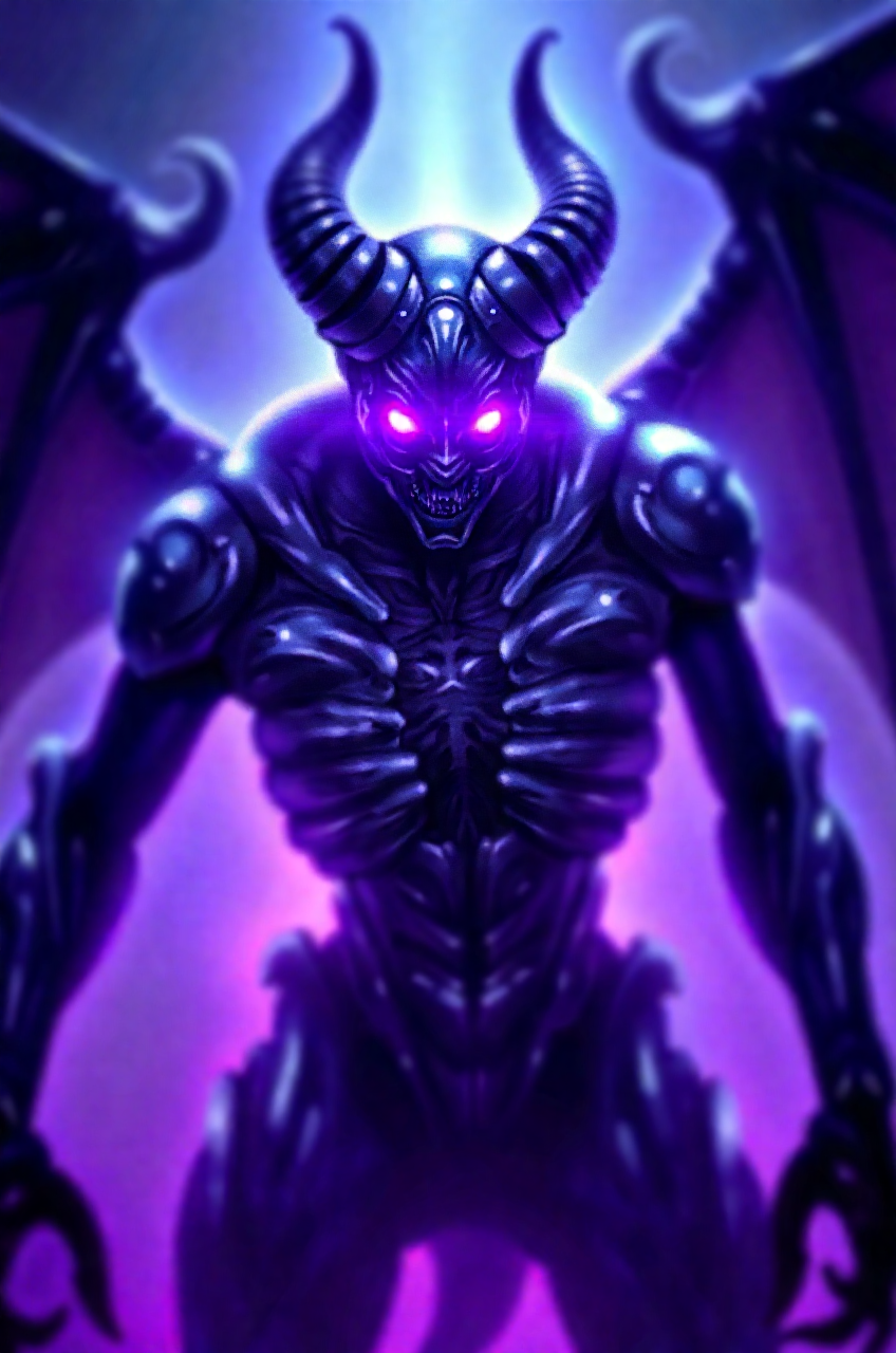 subject: cyber demon, fighting in cyberspace, glowing eyes, deep purple light, cybernetic exoskeleton, sleek, metallic, shimmering energy, fantasy, intricate, highly detailed, digital painting, artstation, concept design, smooth, sharp focus, illustration, art by artgerm and greg rutkowski and alphonse mucha