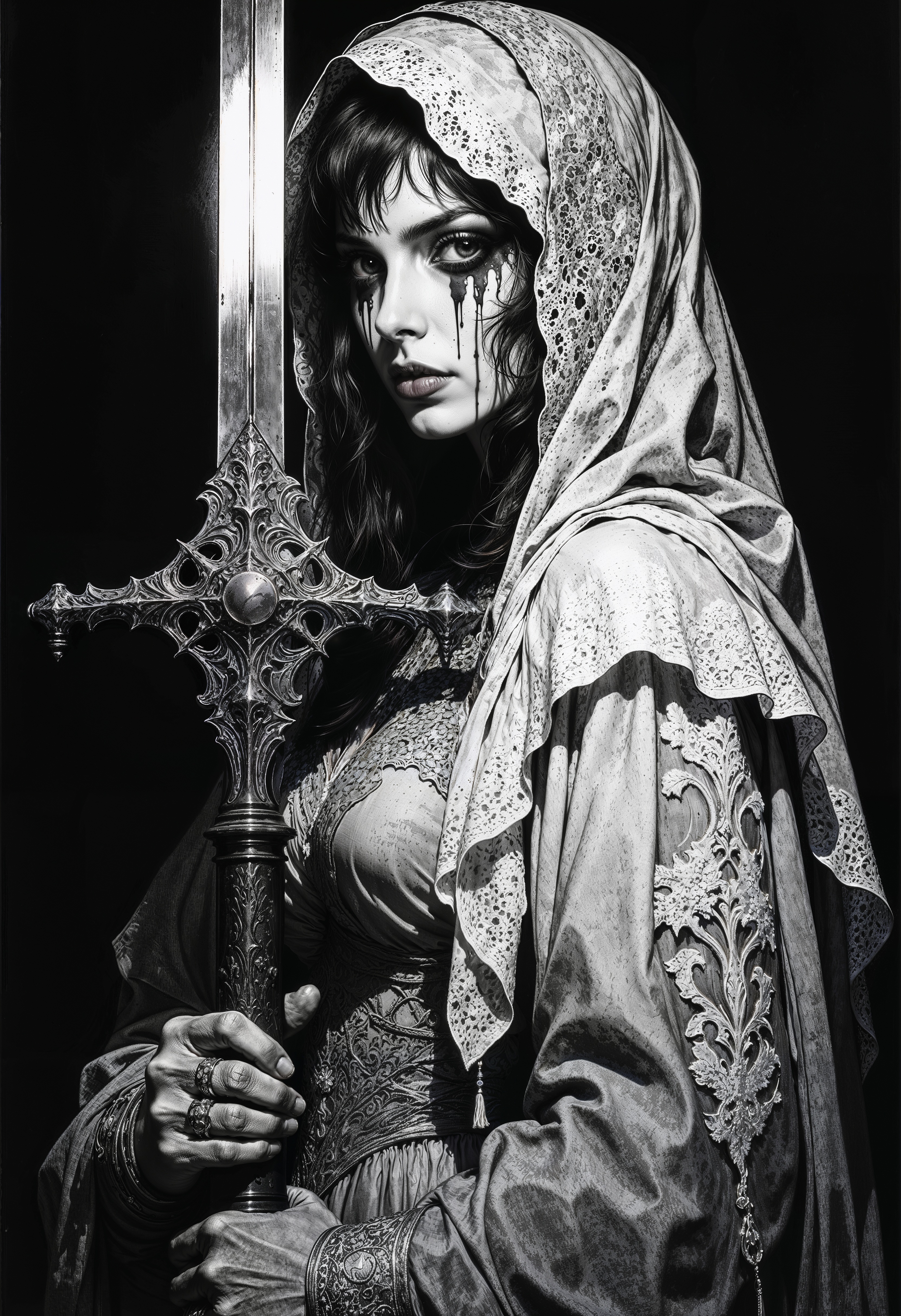 side view. a black-and-white photograph with a dark, eerie atmosphere. It features a woman dressed in a traditional wedding gown and veil, evoking a gothic or horror theme. The woman's face is painted with dark, dripping streaks that resemble blood or tears, adding to the haunting effect. Her eyes are wide and piercing, contributing to a sense of intensity and fear. She holds a large, ornate sword in front of her, which is central in the image and reflects light, creating a sharp contrast against the dark background.
The gown is intricately detailed with lace, which is also visible on the veil covering her head. The lace has an ornate, almost macabre design, enhancing the gothic aesthetic. The veil drapes over her shoulders and back, with the lacework creating a delicate yet eerie texture. The background is dark and void of any significant details, focusing all attention on the woman and her expression. The overall mood of the photograph is somber and foreboding, with the combination of the gothic attire, dramatic makeup, and the menacing sword creating a chilling visual impact.