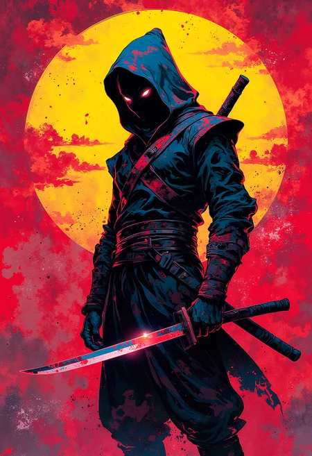 Hip-Hop Ninja Warrior, high contrast, light and shadow, contrasting colors, pop-out art, epic pose, vibrant glow