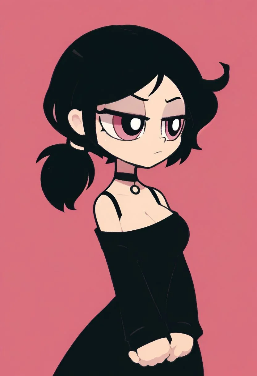 score_9, score_8_up, score_7_up,  <lora:PonyMinimalStyle:1> Minimalstyle, 1girl, simple, faceless female, beautiful, extremely detailed, vector , ashley graves, 1girl, black hair, big breasts, choker,medium hair, low ponytail, tcoaal, powerpuff