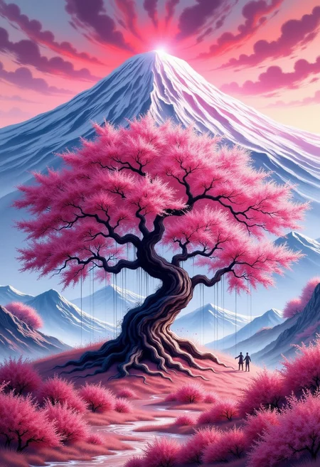 score_9, score_8_up, score_7_up, surrealistic landscape scene. big mountain in the background. Red-purple neon clouds in the sky. Top of the mountain is covered with a soft light. harmonious shine. In the foreground is one big tree of life. sakura tree. gigantic large thorn tree with many pink petals. dreamy scene. romantic impressionism, dream landscape art, beautiful romantic, style of Thomas Kinkade, beautiful compositioncombining realism with a subtle artistic touch. watercolorpainting, imperialism, vivid color, vivid background, focus on tree.
in a faded smudged brush strokes calligraphy ink style,