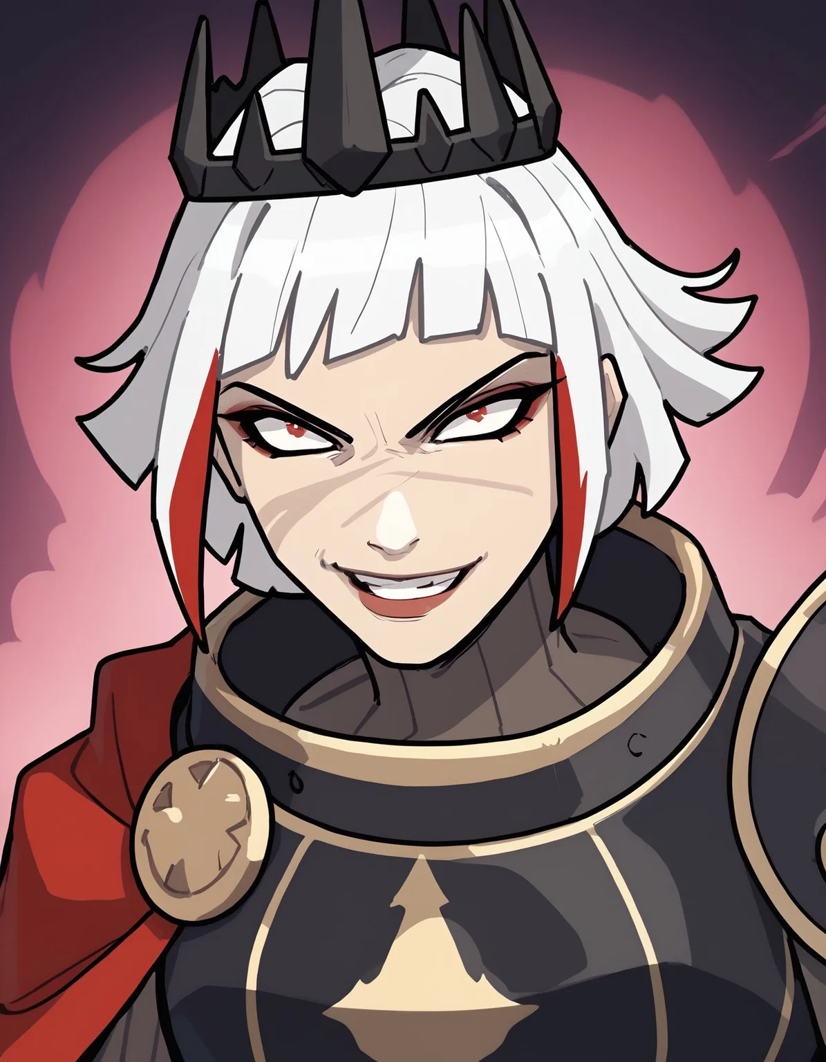 score_9, score_8_up, score_7_up, score_6_up BREAK, smile, grin, evil smile, looking at viewer, 1girl, solo, short hair, white hair,multicolored hair, makeup, scar, crown, armor, cape, (dark aura) <lora:BalsamiqueLycoXL:0.8> <lora:JustAsPlannedMeme_pdxl_Incrs_v1:0.7> <lora:add-detail-xl:0.3> <lora:Ulfger_PDXL:0.6>