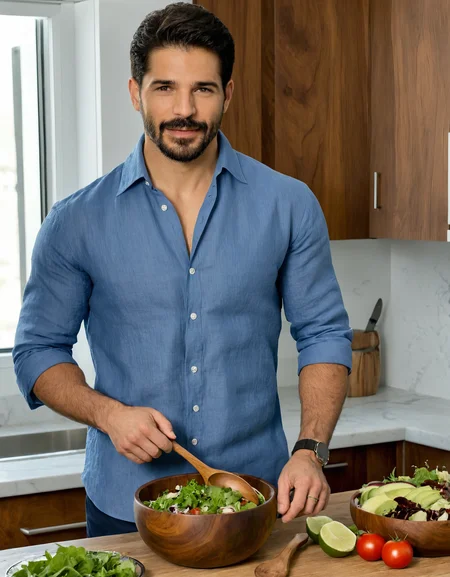 4k photo, Alfonzo Cordrea wearing a crisp fitted blue linen button down shirt with the sleeves rolled up, holding (wooden spoons:1.3) to mix a salad, in a metal bowl, <lora:Alfonzo_Cordrea:1>