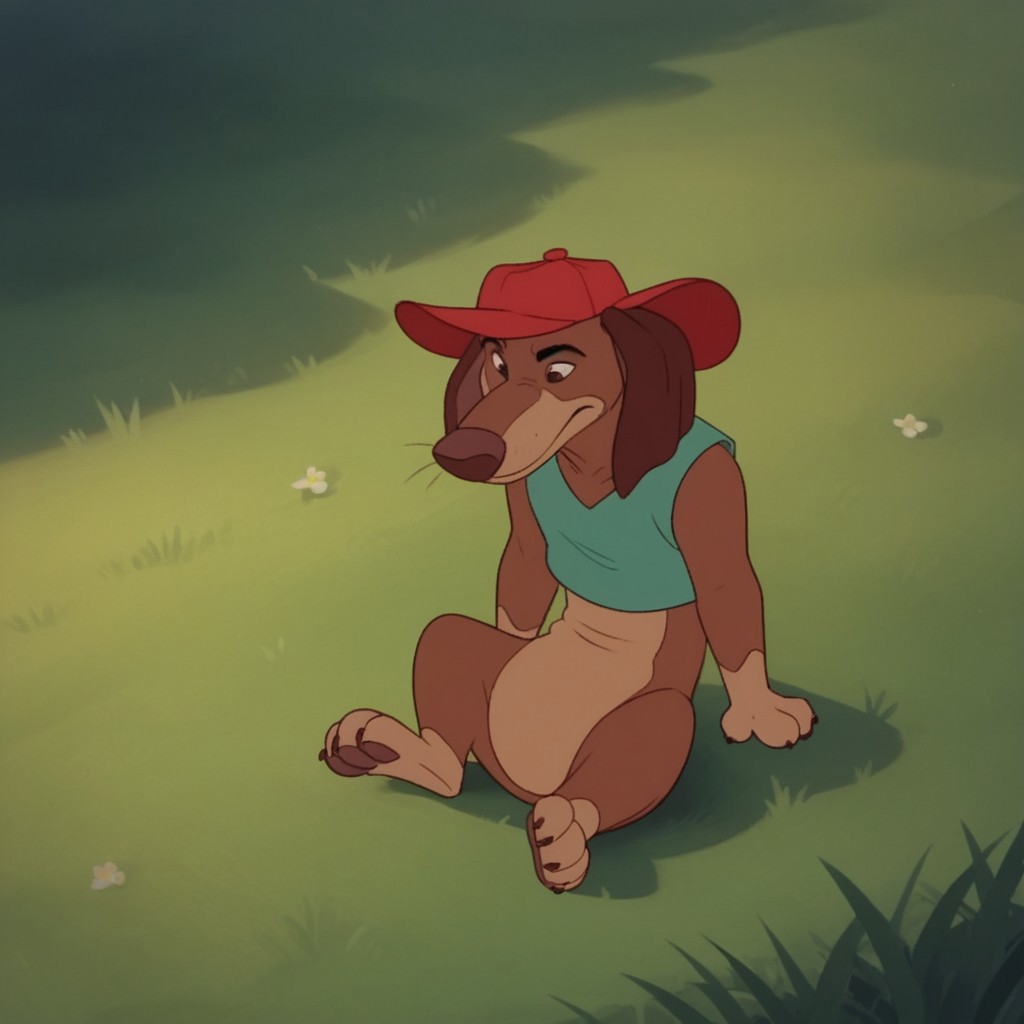 score_9, score_8_up, score_7_up, score_6_up, score_5_up, score_4_up, source_furry, ItchyItchiford, feral, male, Dachshund, brown fur, green shirt, sleeveless, red hat, sitting, outside, in the grass