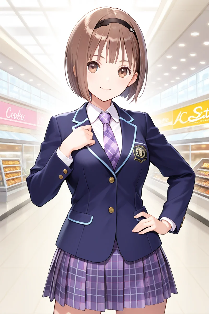 <lora:Hoshizaki_Ao_Blue_Reflection_Illus:1>1girl, solo, looking at viewer, short hair, skirt, shopping mall, mall background, center of attention, dark brown hair, white background, brown eyes, school uniform, standing, jacket, cowboy shot, pleated skirt, hairband, headband, light purple tartan necktie, hand on hip, plaid, plaid skirt, bob cut, blazer, Hoshizaki Ao, school uniform outfit, sexy pose, sexy smile,