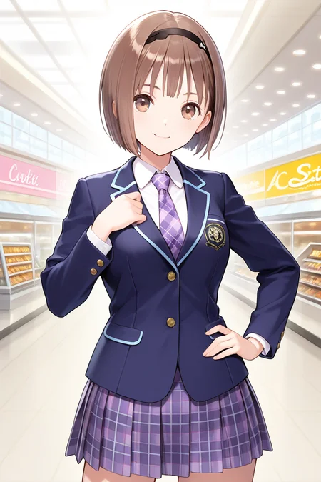 <lora:Hoshizaki_Ao_Blue_Reflection_Illus:1>1girl, solo, looking at viewer, short hair, skirt, shopping mall, mall background, center of attention, dark brown hair, white background, brown eyes, school uniform, standing, jacket, cowboy shot, pleated skirt, hairband, headband, light purple tartan necktie, hand on hip, plaid, plaid skirt, bob cut, blazer, Hoshizaki Ao, school uniform outfit, sexy pose, sexy smile,