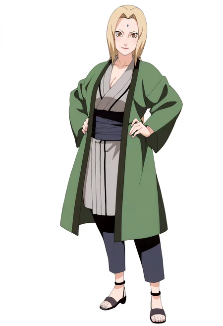 masterpiece, best quality, very aesthetic, absurdres,
1girl, tsunade, blonde hair, long hair, brown eyes,
forehead mark,
haori, grey kimono, sash, collarbone, mature female, pants, sandals,
large breasts, cleavage,
standing, full body, hands on hips,
looking at viewer, (solo:1.3), smile, simple background, white background,      <lora:TsunadeNoobXL_byKonan:1>