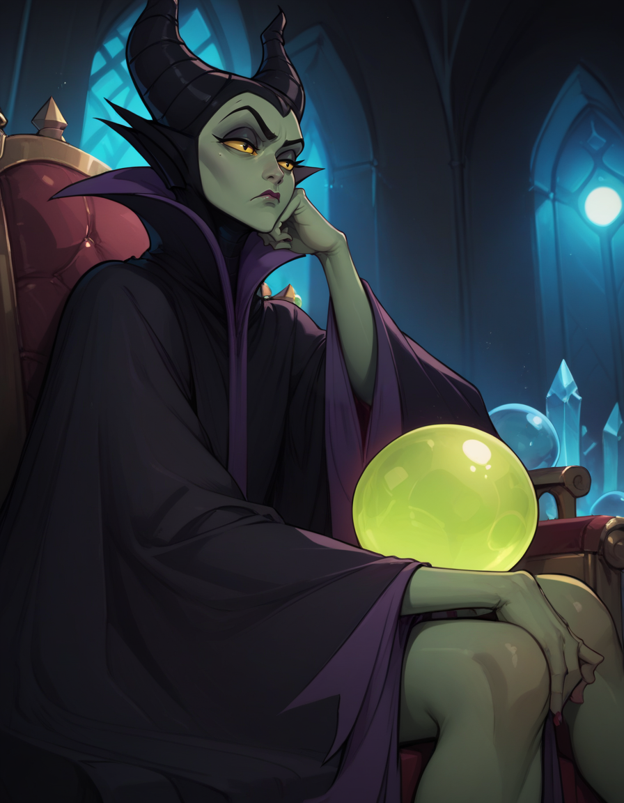 score_9, score_8_up, score_7_up,     
1girl, solo,
maleficentdg,
colored skin, yellow sclera, green skin, 
 wide sleeves, high collar, black cape, 
half-closed eyes, annoyed,
sitting, from below, head rest, 
castle interior, throne, night, crystal ball, glowing, 
 <lora:Maleficent DG PXL v01-000003:0.90>