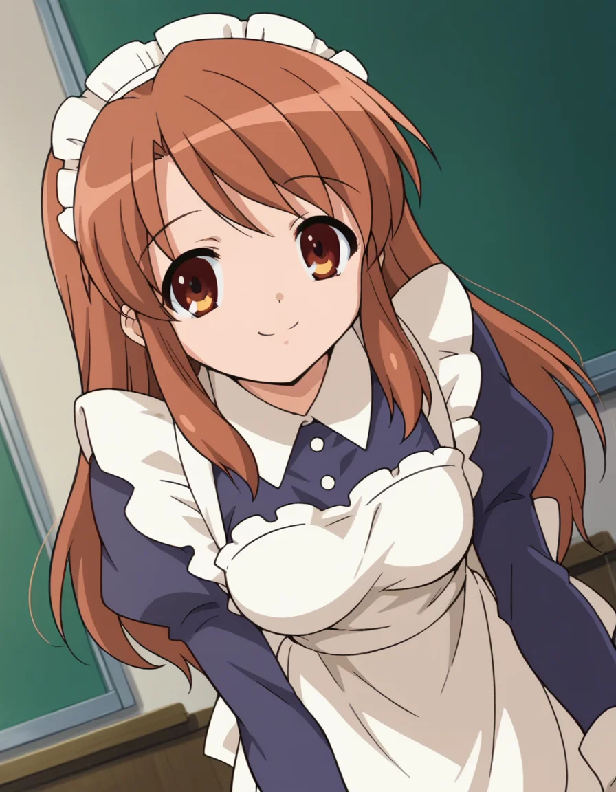 score_9, score_8_up, score_7_up, source_anime,
mikuruasahina, <lora:mikuru-asahina-s1-ponyxl-lora-nochekaiser:1>,
mikuru asahina, long hair, brown hair, brown eyes,
long sleeves, apron, maid, maid headdress,
indoors, classroom, bent over, smile,
looking at viewer, dutch angle, cowboy shot, solo,