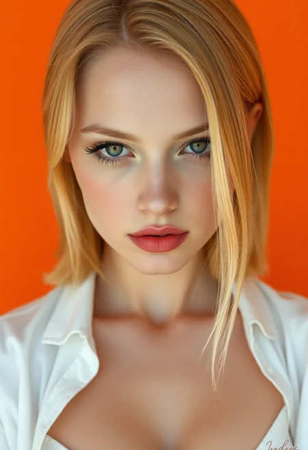graphic design, an oil-painting of a close-up portrait of a swedish woman with strawberry blonde shoulder length hair, head down, with a serene, ethereal expression. She wears matte soft pink lipstick, enhancing her fair, porcelain-like skin. she wears contrasting eyeshadow, she has open grey eyes, staring at the viewer. Her outfit is a low cut white shirt that contrats sharply with a solid orange background. The style is digital art, high contrast, minimalistic composition, smooth textures, with sharp details and vibrant color palette.