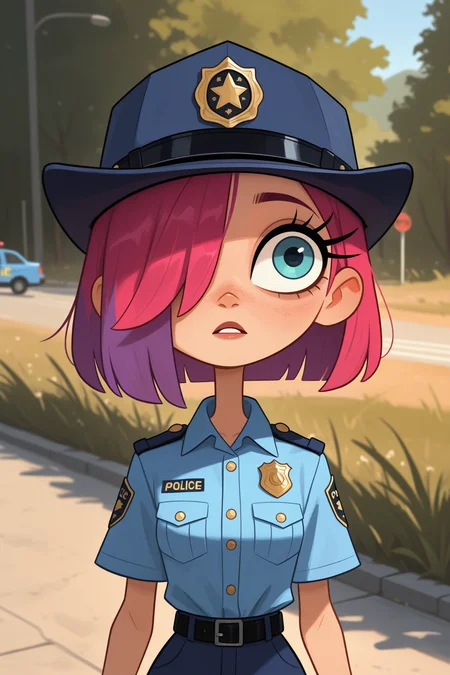 policewoman, police uniform, sexy woman, young woman, one eye covered by hair, long eyelashes, multicolored_hair, slim_body, Patrolling the road, standing,
detailed, details,
ch1ldcn, <lora:ChildCartoon-illustrious:1>