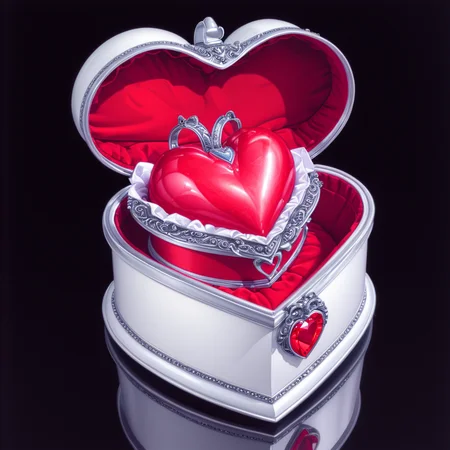 <lora:Hyperdetailed_Colored_PencilSDXL:1> ArsMJStyle, Colored pencil hyperdetailed realism, The image is a digital illustration of a heart-shaped box with a red interior. The box is made of silver and has an ornate design on the sides and a handle on the top. The lid of the box is open revealing the interior which is lined with white fabric. Inside the box there is a red heart that appears to be made of paper or fabric. The heart is placed on a white surface and the background is black. The overall color scheme of the image is red and white giving it a romantic and elegant feel., shiny, shiny clothes, still life, black background, shiny skin, no humans, simple background, reflection, latex, gem