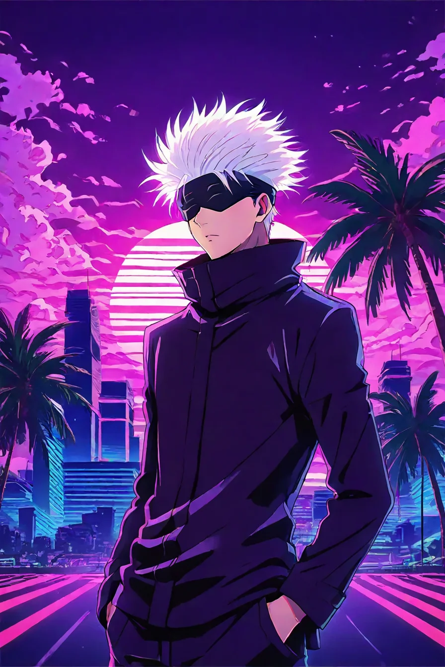 score_9, score_8_up, score_7_up, score_6_up, score_5_up, score_4_up,  <lora:GojoSatoruPony:0.8> SatoruGojo, gojou satoru, white hair, purple pants, high collar, blindfold, covered eyes, black blindfold, purple jacket, purple pants, 1boy, solo, alone, <lora:Vaporwave_anime_style_illustriousXL:0.8>, vaporwave_style, vaporwave,  sun background, horizontal striped sun, palm tree,  pink cloud, building, masterpiece, highres