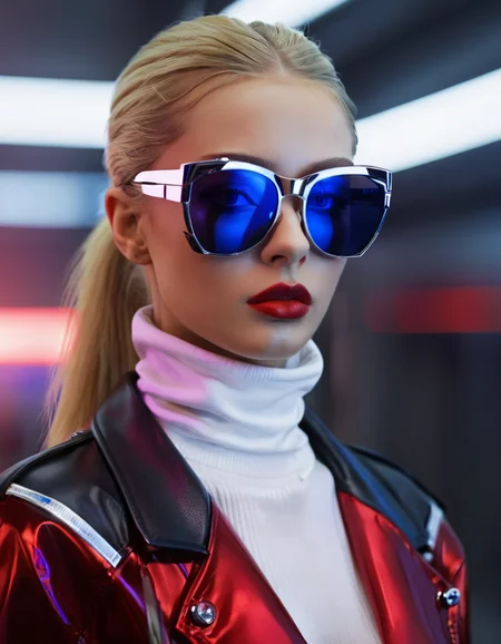 1girl, red lips, makeup, long hair, realistic, blonde hair, ponytail, sunglasses, lipstick, digital media \(artwork\), blurry background, nose, jacket, closed mouth, turtleneck, futuristic glasses, pretty, attractive, slick, strong, cinematic, stunning, highly detailed, real, polished, very smart, aesthetic, inspired, handsome
<lora:FuturisticGlassesXL:.6>, , <lora:FILM_PHOTOGRAPHY_STYLE:0.25>