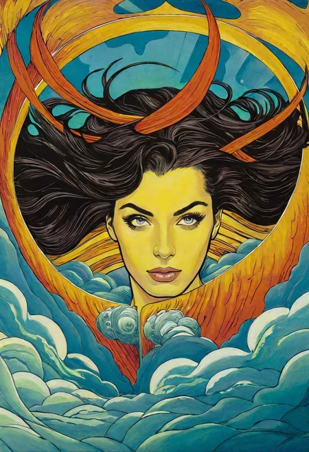 Ophanim hovers over Ava Gardner, forest, 
(James Jean Art Style) surreal<lora:locon_vanessaparadis_v1_from_v1_64_32:1>