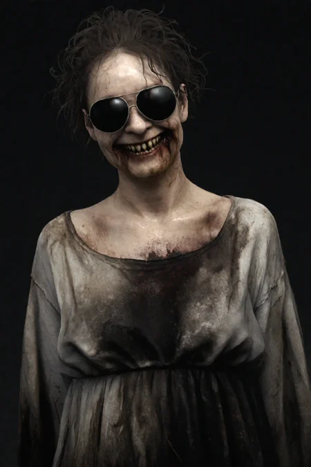 score_9, score_8_up, score_7_up, BREAK .
Front view portrait, Lisa from Silent Hill, comical pose, oversized novelty sunglasses, grotesque smile, pale ghostly skin, long messy hair, tattered bloody dress, horror movie lighting, dark shadowy background, contrasting neon color accents, hyper-realistic textures, uncanny valley effect, surreal atmosphere, mix of terror and absurdity, high-contrast lighting, 8k resolution, photorealistic rendering.
 <lora:P.T_SILENT_HILLS:1>silenthillspt style.
full black theme, first-person perspective, shaky view, analog distortion, VHS artifacts, scanlines, tracking errors, low-fi aesthetics, blurred edges, fish-eye lens effect, handheld movement, found footage style, slightly out of focus, degraded image quality, glitch effects, chromatic aberration, time code overlay, interlaced scan lines, muted colors, low light visibility, grainy texture.